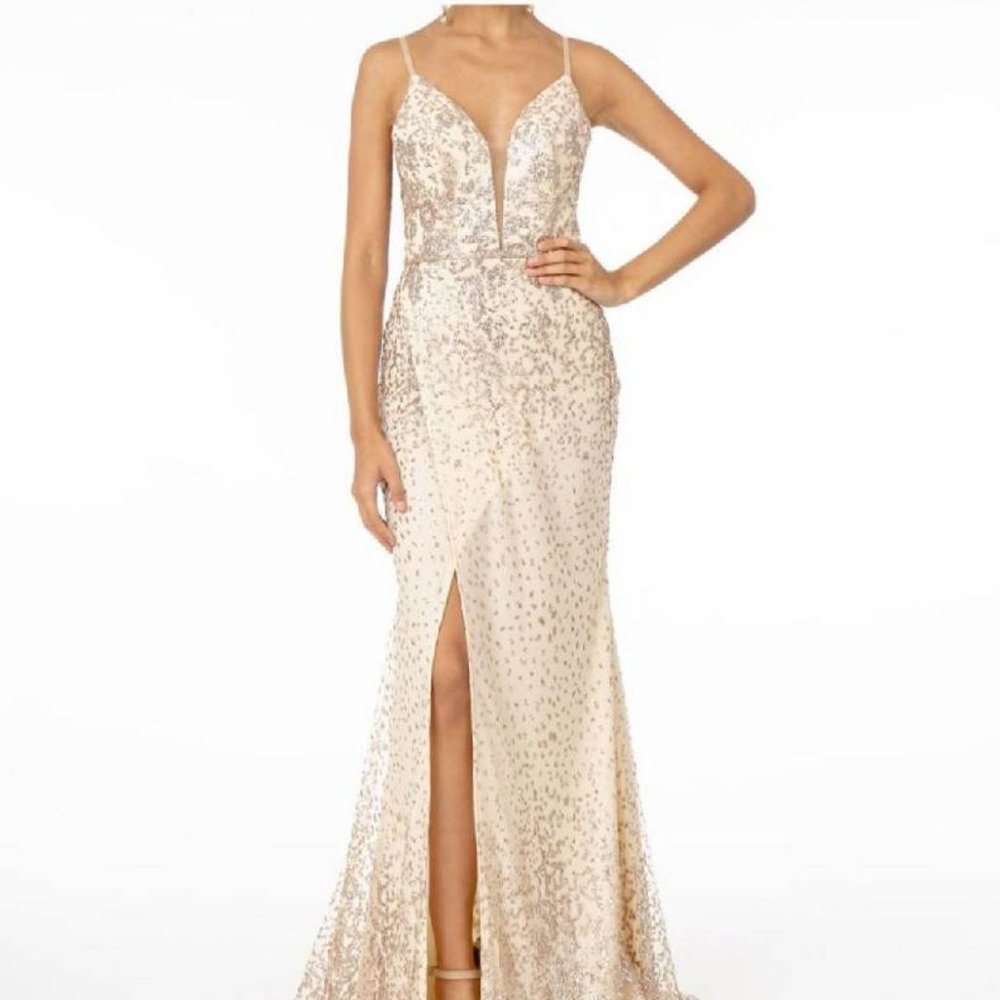 Spaghetti Strap Leg Slit V-neck bridal formal wedding prom gown GSGL1844